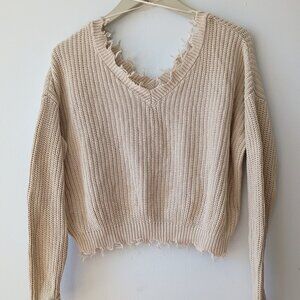 Jessica Simpson Distressed Cropped Knit Sweater | Cream/Tan | Size XS